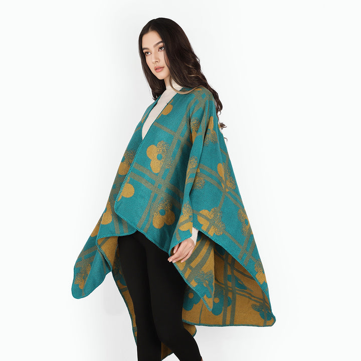 Damen Grobgewebter Deckenponcho im Ruana‑Schnitt mit floraler Karo‑Jacquard – Avérine