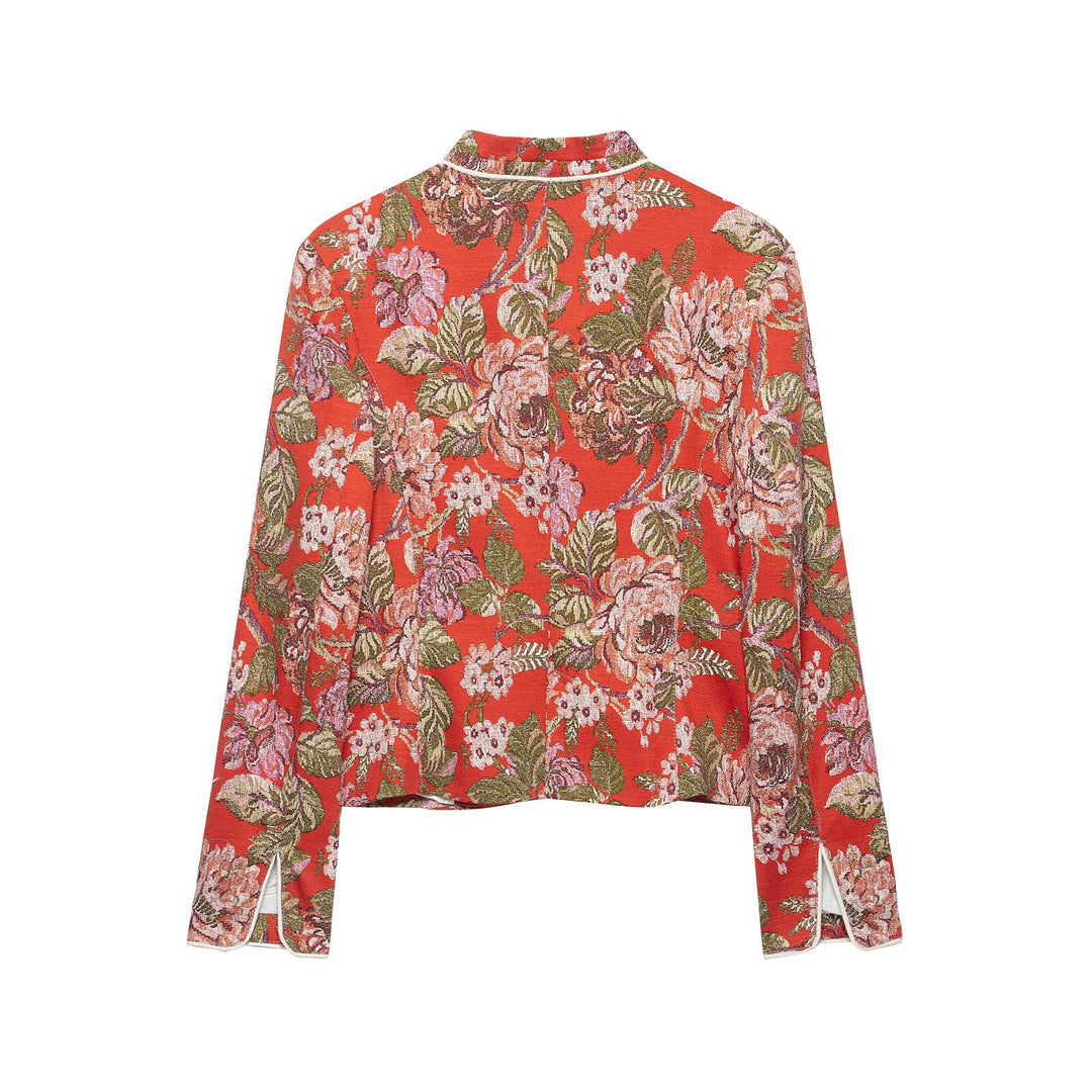 Damen floral gewebte Jacquard‑Bouclé Kurzjacke mit Stehkragen Echo Archiv