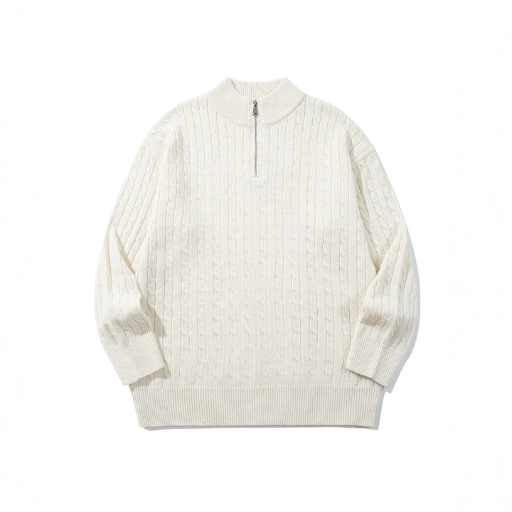 Unisex Zopfmuster-Halbzip-Strickpullover mit hohem Rippkragen und längerem Saum Echoarchiv