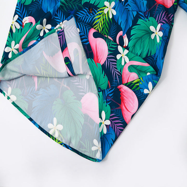 Herren Kurzarmhemd mit lebendigem Flamingo-Muster und atmungsaktiver Baumwolle Echoarchiv