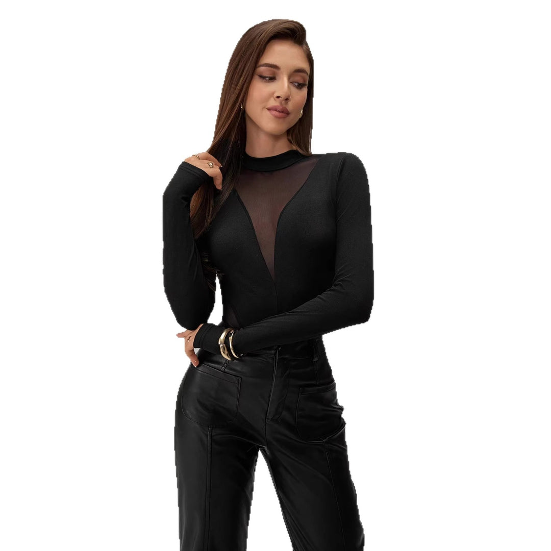 Damen nan figurbetonter Langarm-Body mit transparenten Mesh-Einsätzen, Stehkragen und hohem Beinausschnitt Echo Archiv
