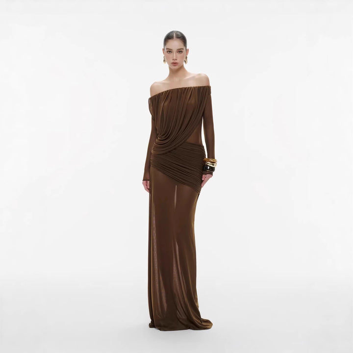 Damen Langarm Maxikleid mit Drapier-Design und schulterfreiem Ausschnitt Echo Archiv