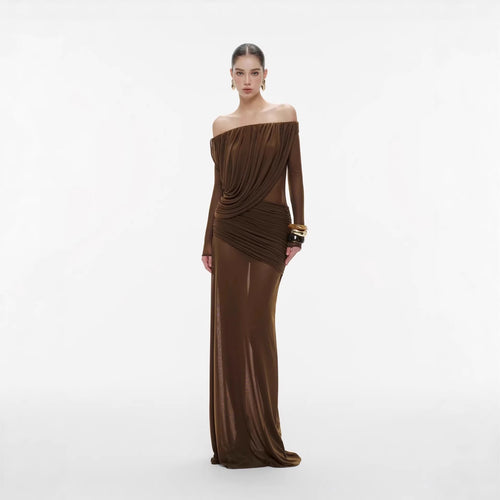 Damen Langarm Maxikleid mit Drapier-Design und schulterfreiem Ausschnitt Echo Archiv