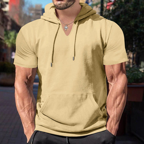 Herren lässiges Kurzarm-Kapuzen-T-Shirt mit V-Ausschnitt und praktischer Kängurutasche Echoarchiv