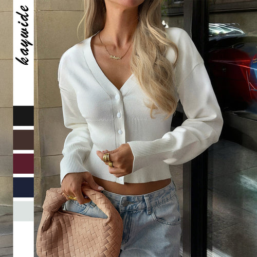Damen taillierte Cropped-Strickjacke mit tiefem V-Ausschnitt, geripptem Bund und durchgehender Knopfleiste – Veloura