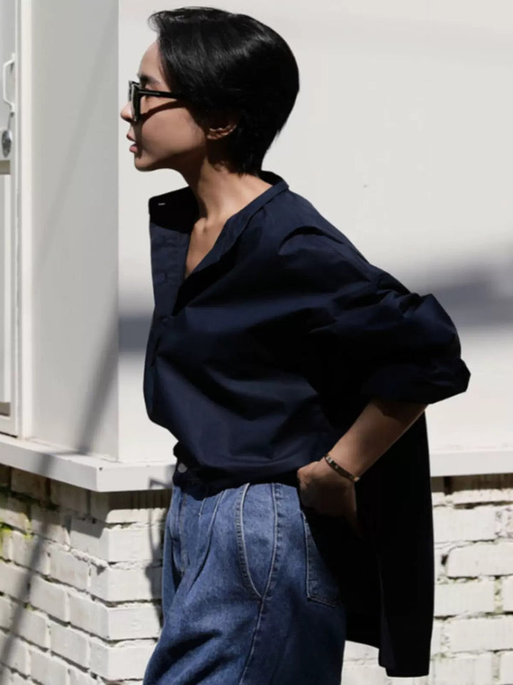 Damen Boxy-Baumwollbluse mit breitem Kentkragen und legerer Passform Echoarchiv