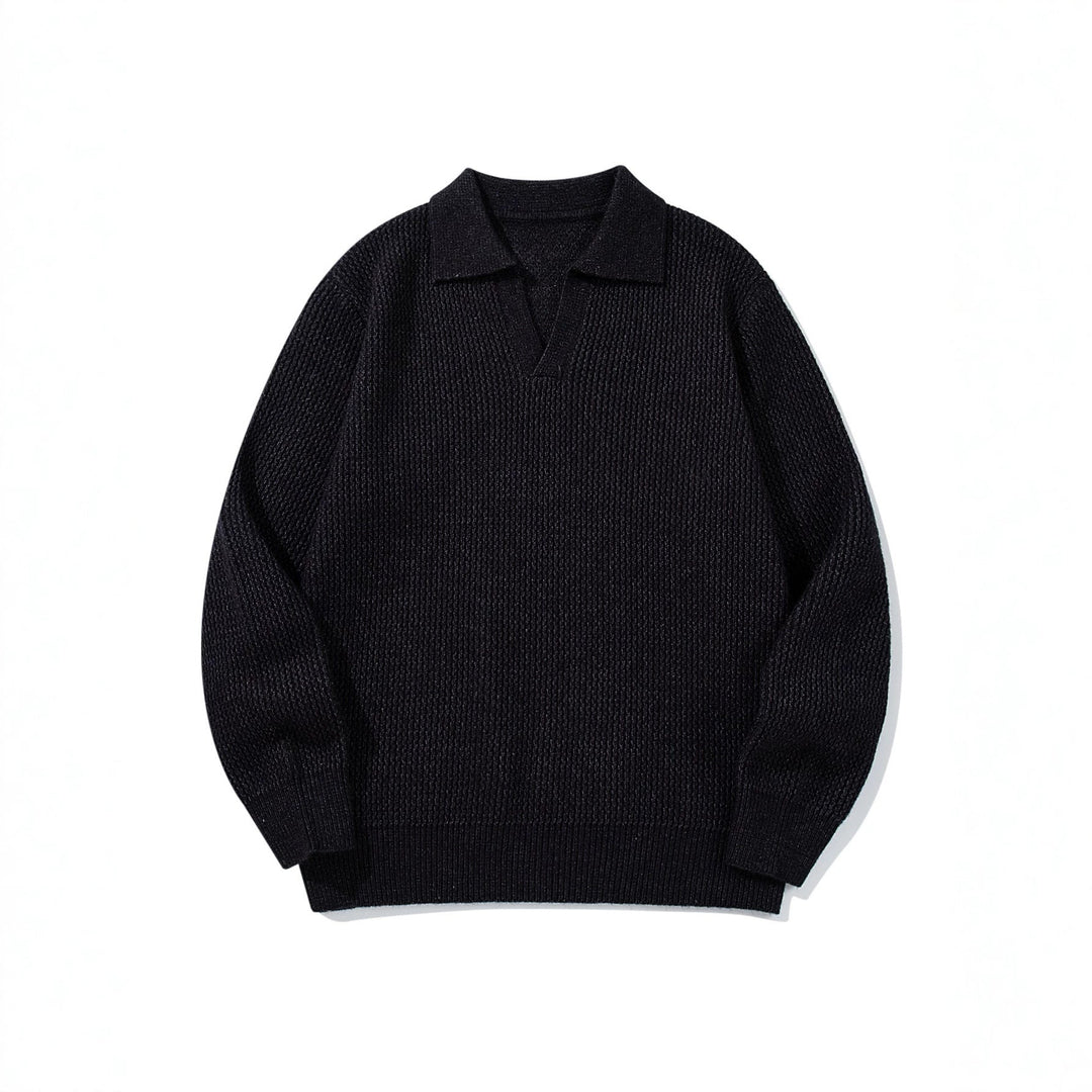 Herren Grobgestrickter Polokragen-Pullover mit V‑Ausschnitt und Rippenbündchen Echoarchiv