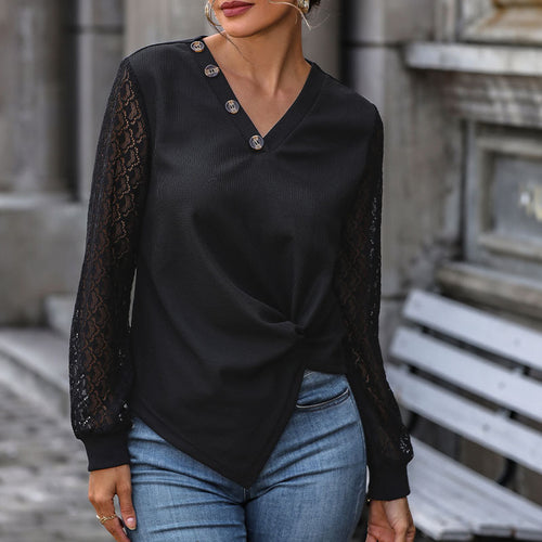 Damen V-Ausschnitt Blusenshirt mit Spitzenärmeln, asymmetrischer Knopfleiste und Knotenfront Echoarchiv