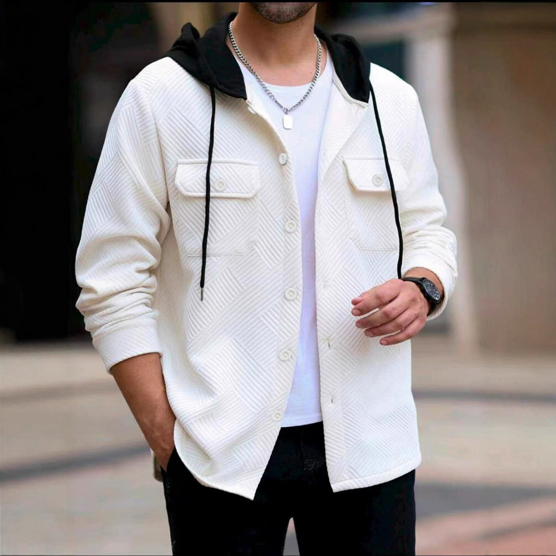 Herren lässige Utility-Jacke mit Kapuze und strukturiertem Muster – Taviero