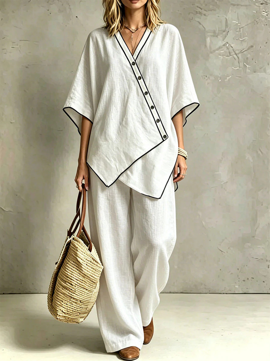 Damen Asymmetrisches Tunika-Loungewear-Set mit diagonaler Knopfleiste und weiter Palazzohose – Élanora