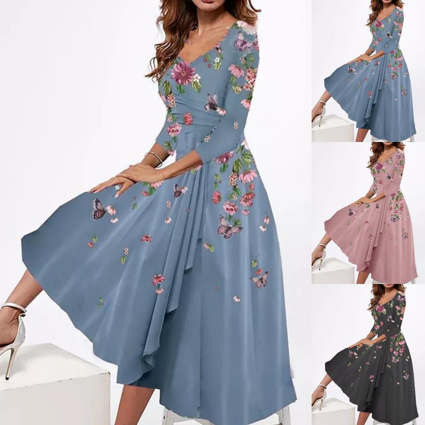 Damen Wickel-Midi-Kleid mit Blumenmuster, asymmetrischem Stufenschnitt und tailliertem Bindegürtel – Élara