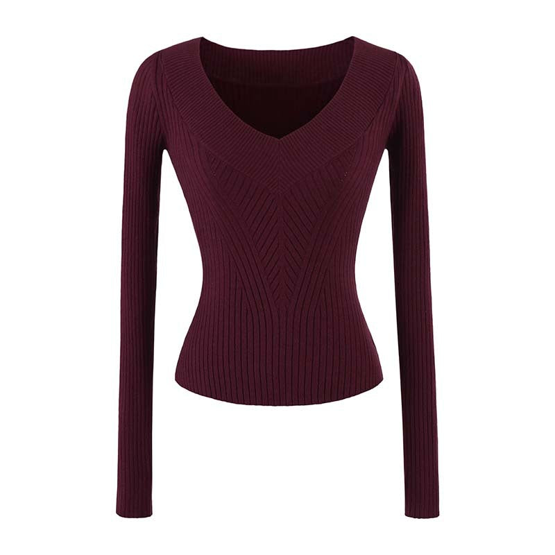 Damen Taillierter Rippstrick-Pullover mit V-Ausschnitt und formgebender Struktur Echoarchiv
