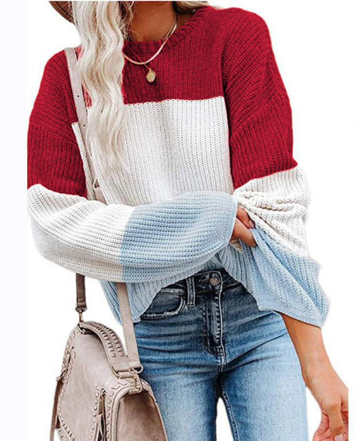 Damen Oversize Colorblock Strickpullover mit Ballonärmeln Echoarchiv