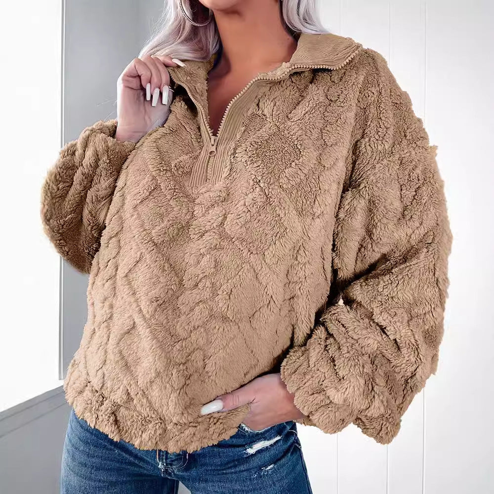 Damen nan Plüsch-Sherpa-Pullover mit halbem Reißverschluss, Stehkragen und oversized Silhouette Echo Archiv