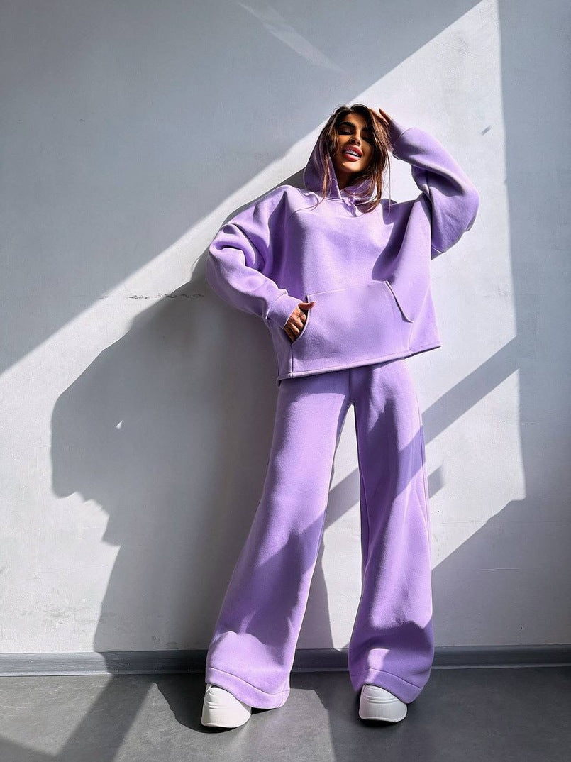 Damen Scuba-Fleece Lounge-Set mit Oversize-Kapuzenpullover und weiter Flare-Hose – Auréline