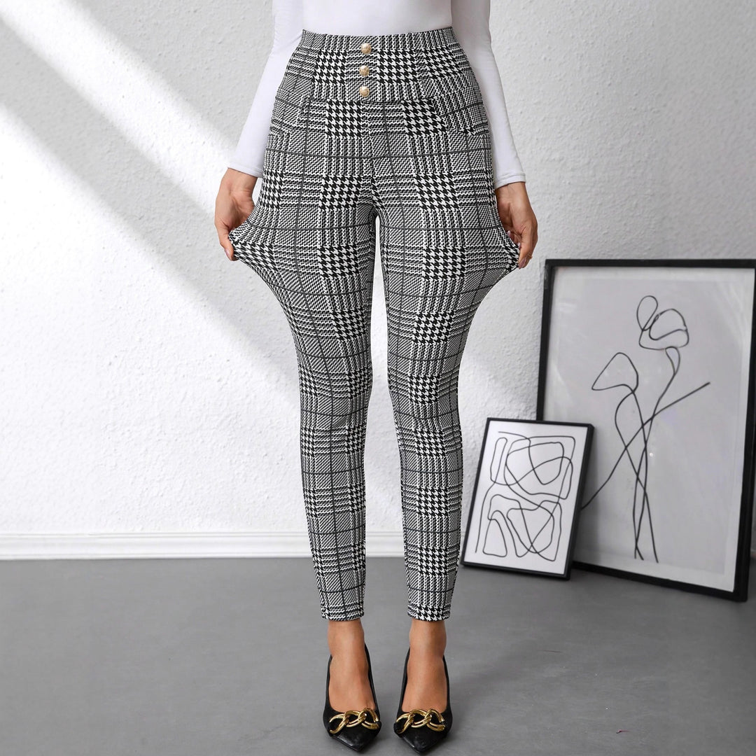 Damen Hochtaillierte Slim-Fit Businesshose mit Glencheck-Muster und Stretch – Avérine