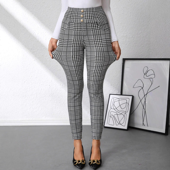Damen Hochtaillierte Slim-Fit Businesshose mit Glencheck-Muster und Stretch – Avérine