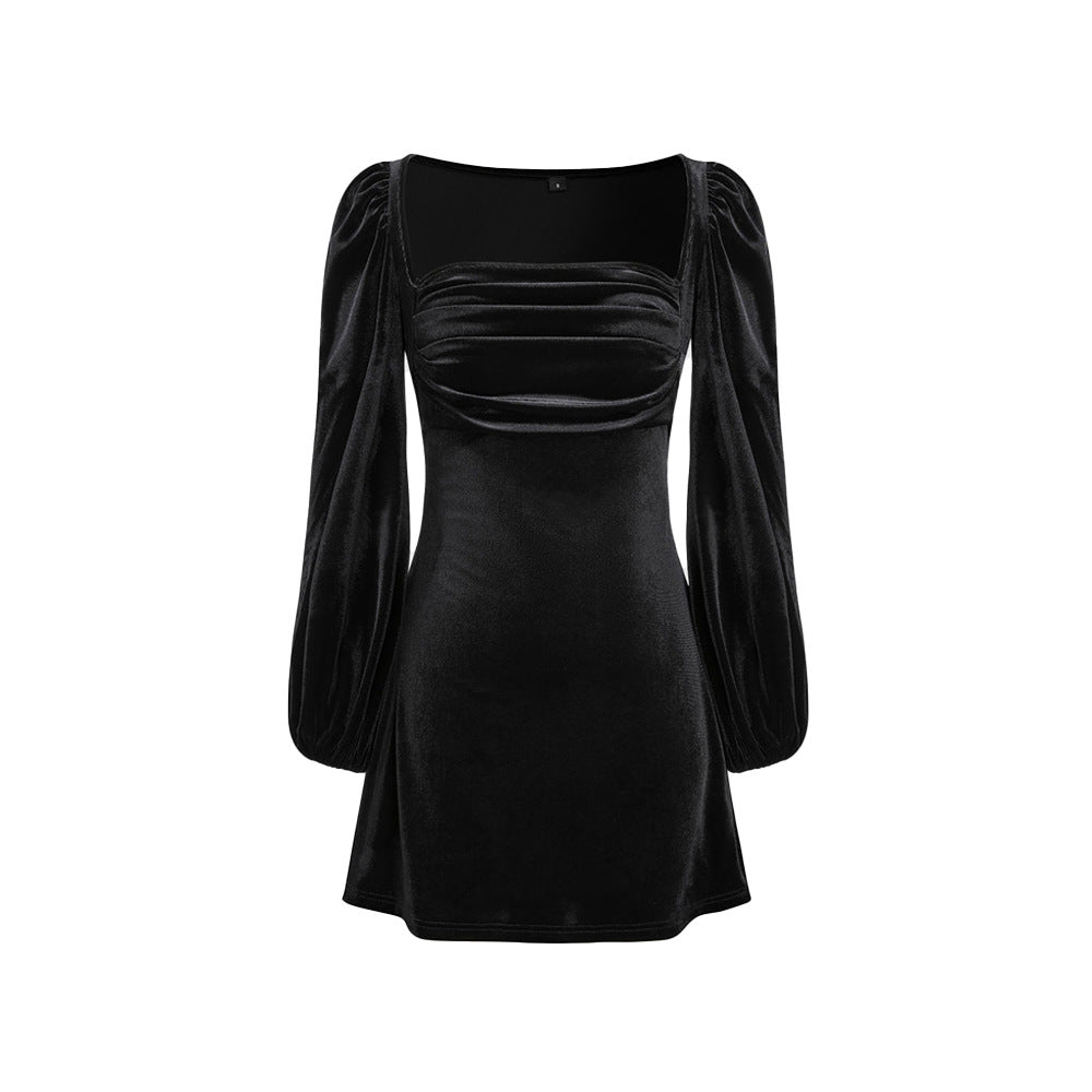 Damen Samt-Minikleid mit quadratischem Ausschnitt gerafftem Bustier und Ballonärmeln – Élara