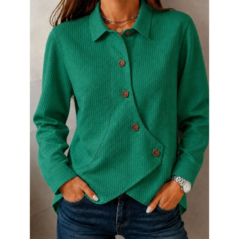 Damen strukturierte Waffel-Hemdjacke mit asymmetrischer Knopfleiste und Eingrifftasche – Célinea