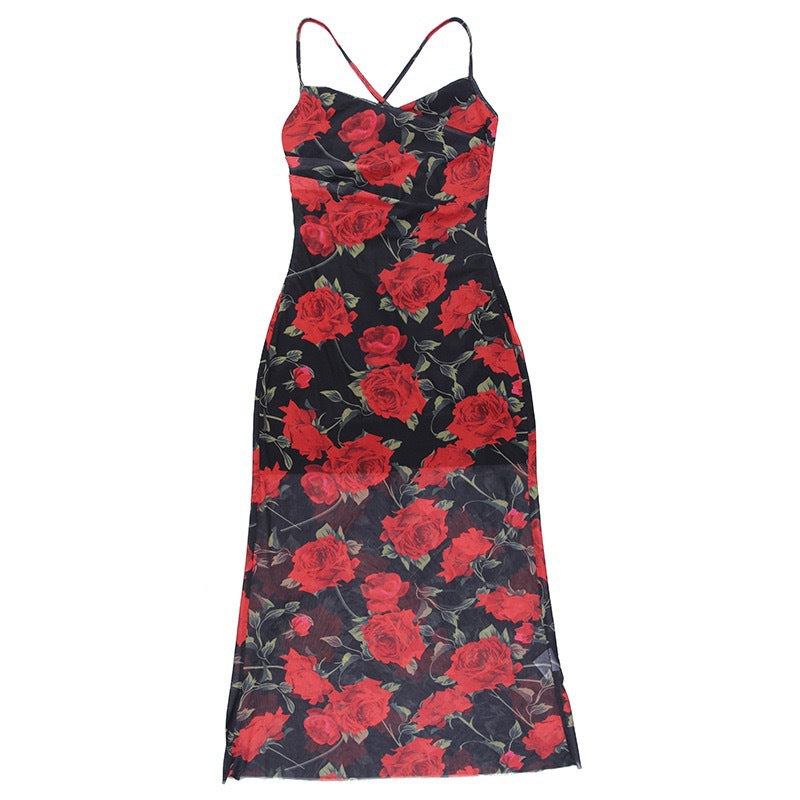 Damen Elegantes Blumenmuster-Maxikleid mit schmalen Trägern und gerafftem Oberteil Echo Archiv