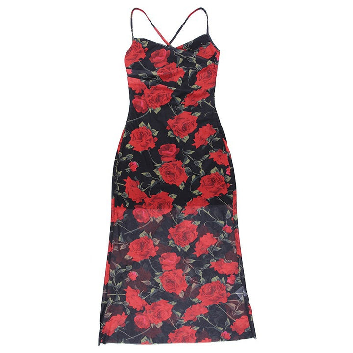 Damen Elegantes Blumenmuster-Maxikleid mit schmalen Trägern und gerafftem Oberteil Echo Archiv