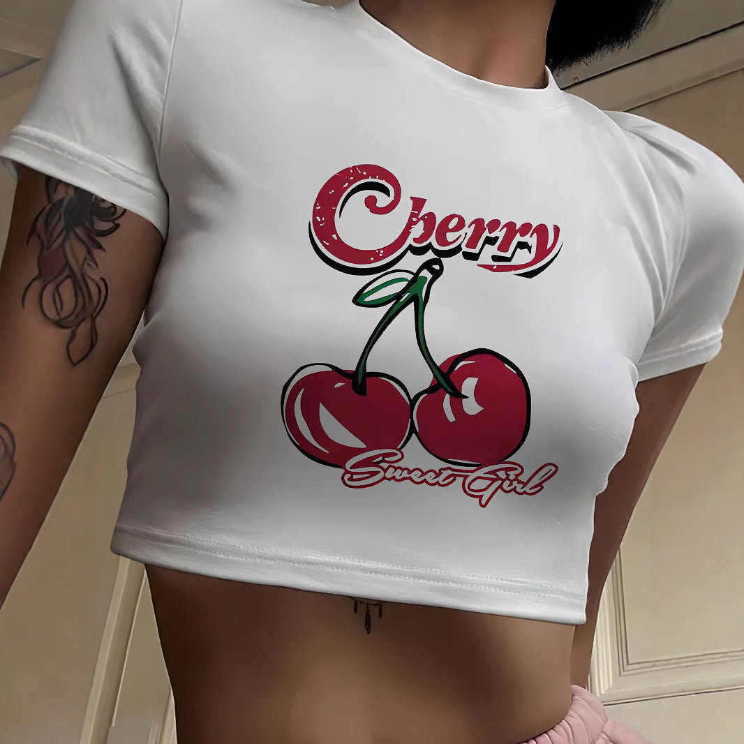 Damen Crop-T-Shirt mit fruchtigem Kirschdesign und lockerem Schnitt Echo Archiv