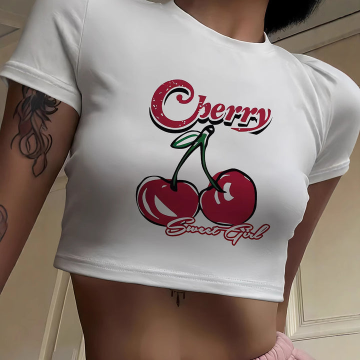 Damen Crop-T-Shirt mit fruchtigem Kirschdesign und lockerem Schnitt Echo Archiv