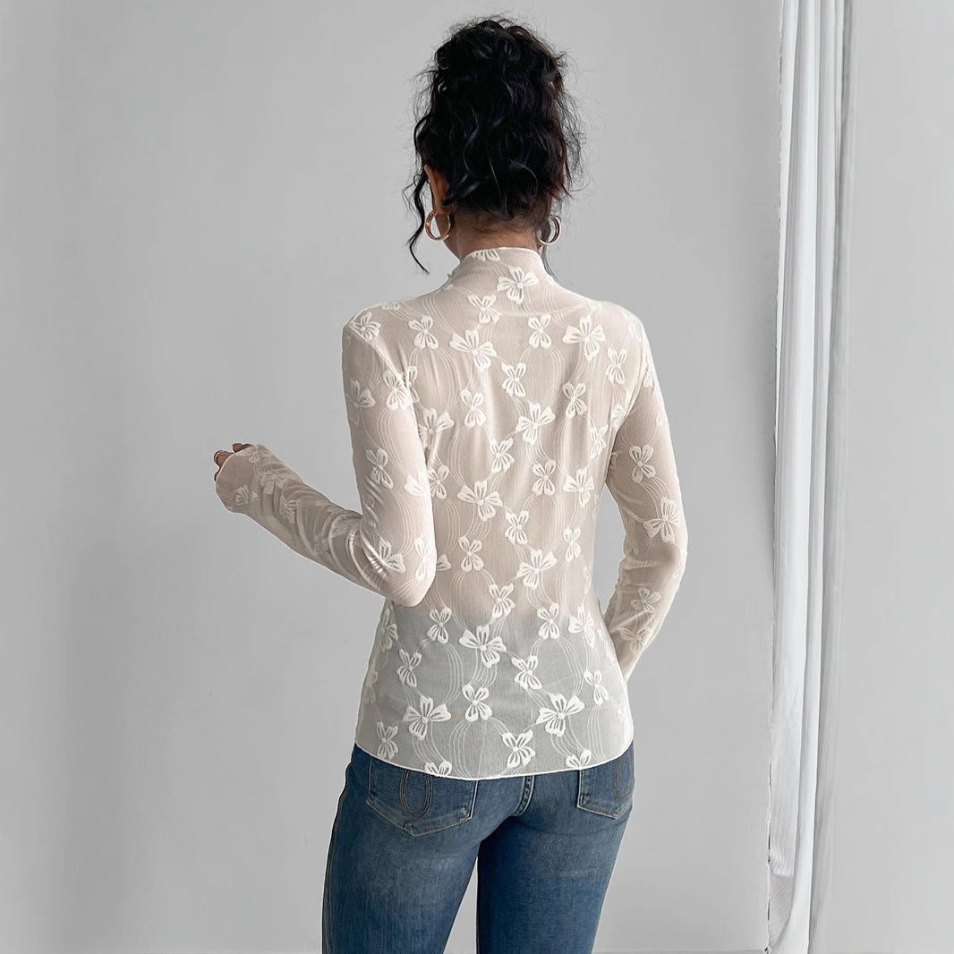 Damen nan figurbetontes durchsichtiges Langarmtop aus Netzstoff mit floraler Stickerei und Stehkragen Echo Archiv