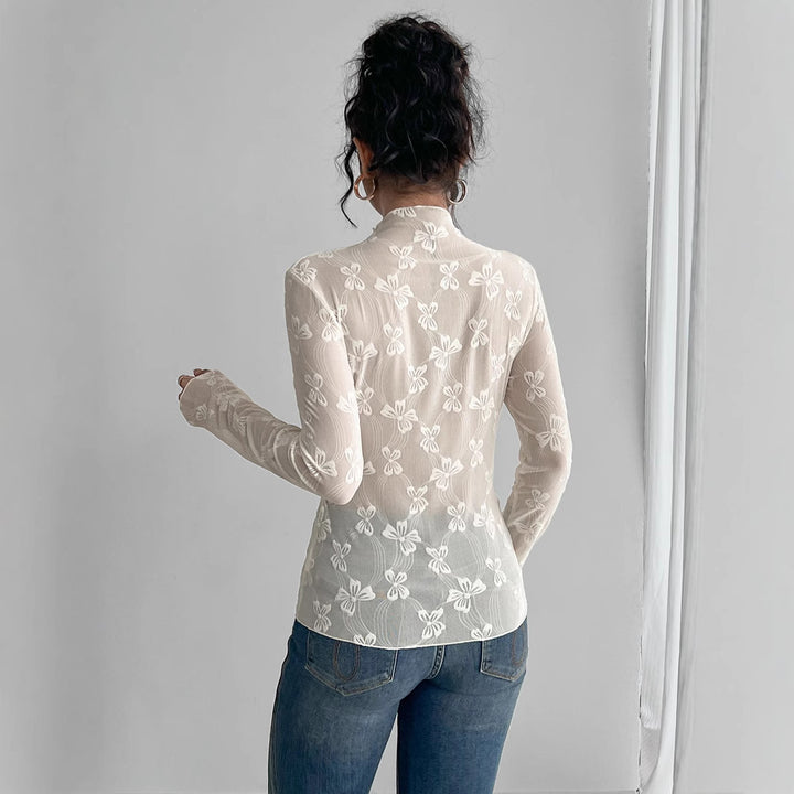 Damen nan figurbetontes durchsichtiges Langarmtop aus Netzstoff mit floraler Stickerei und Stehkragen Echo Archiv