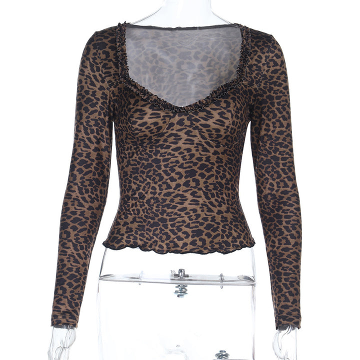 Damen elegantes Leopardenmuster Langarmoberteil Echo Archiv