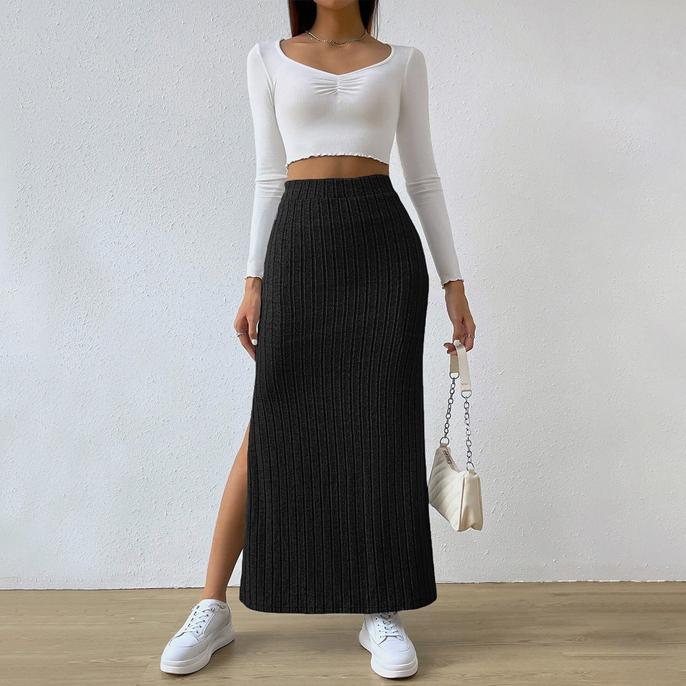 Damen gerippter Maxi-Rock mit hohem Bund, taillierter Stretchpassform und schmeichelnder Längsrippe – Valéora
