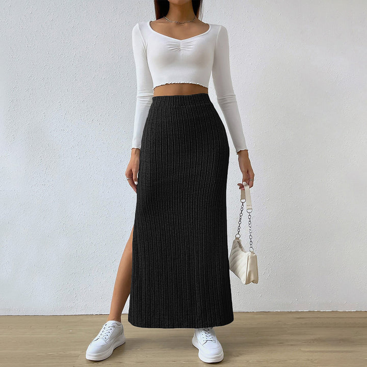 Damen gerippter Maxi-Rock mit hohem Bund, taillierter Stretchpassform und schmeichelnder Längsrippe – Valéora