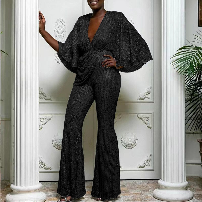 Damen Glamouröser Jumpsuit mit funkelnden Pailletten und weitem Bein Echoarchiv
