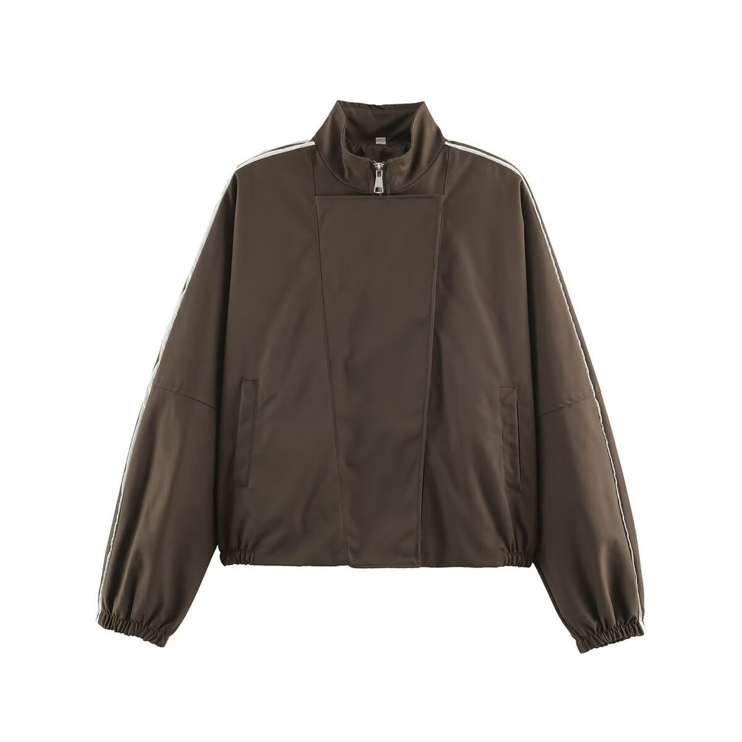 Damen Oversize Bomberjacke im Blouson‑Stil mit hohem Stehkragen, verdecktem Reißverschluss und Kontrastpaspel Echoarchiv