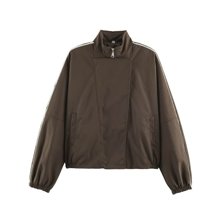 Damen Oversize Bomberjacke im Blouson‑Stil mit hohem Stehkragen, verdecktem Reißverschluss und Kontrastpaspel Echoarchiv