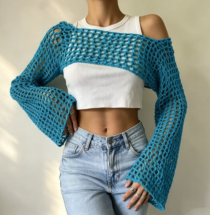 Damen gehäkelter kurzer Bolero mit asymmetrischem Schulterauschnitt und ausgestellten Ärmeln – Célinea