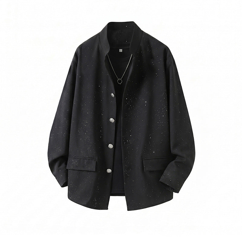 Herren Zweiteiliges Oversize-Lounge-Set mit gesprenkelter Übergangsjacke und weiter Bundfaltenhose Echoarchiv