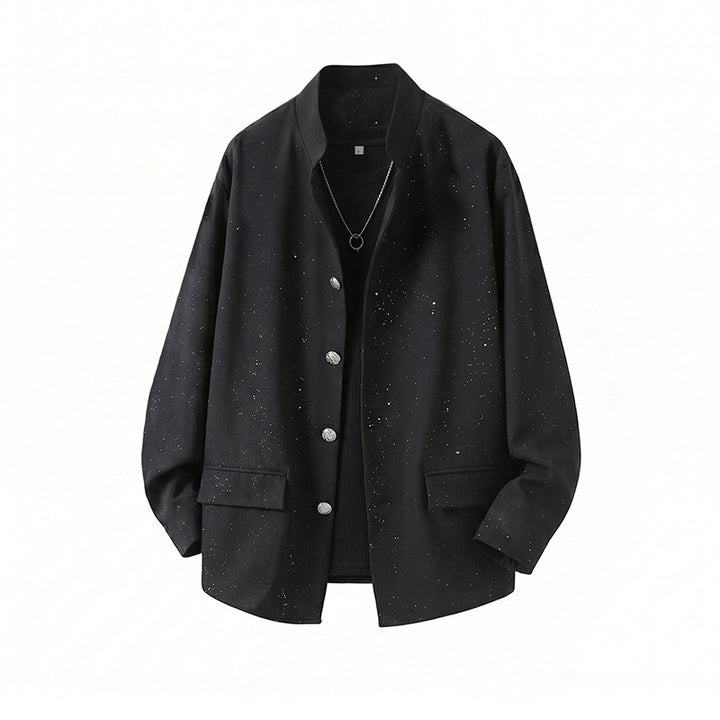 Herren Zweiteiliges Oversize-Lounge-Set mit gesprenkelter Übergangsjacke und weiter Bundfaltenhose Echoarchiv
