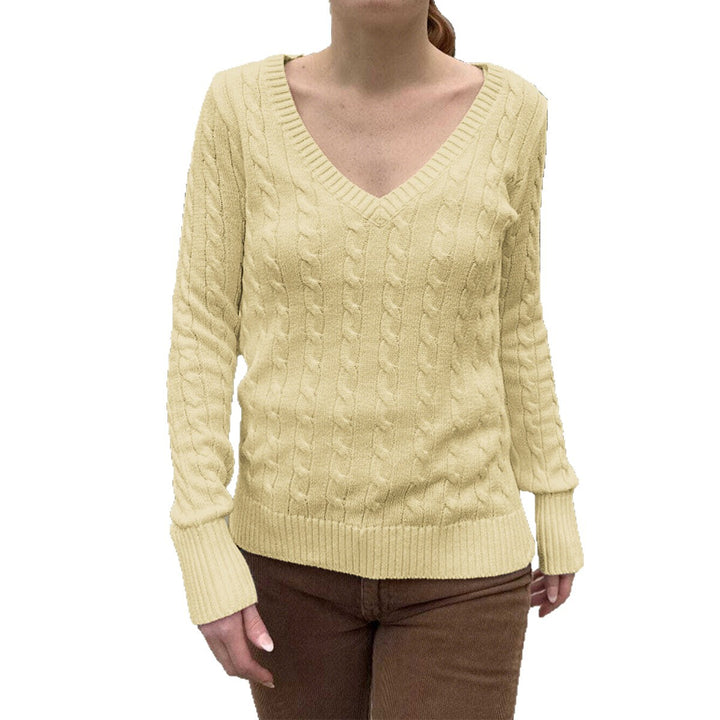 Damen Feinstrickpullover mit Zopfmuster, tiefem V‑Ausschnitt und schmaler Bundpassform – Mavelle