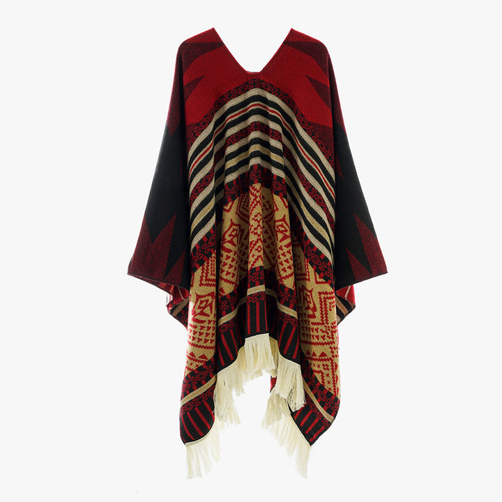 Damen Jacquard‑Ruana im Deckenstil mit V‑Ausschnitt, geometrischem Ethno‑Muster und Fransensaum – Avérine