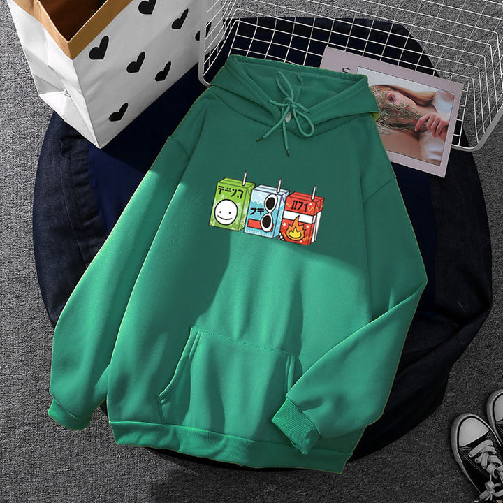 Damen oversized Kapuzenpullover mit Cartoon-Getränkekarton-Print, Kängurutasche und weichem Innenfutter – Auréline