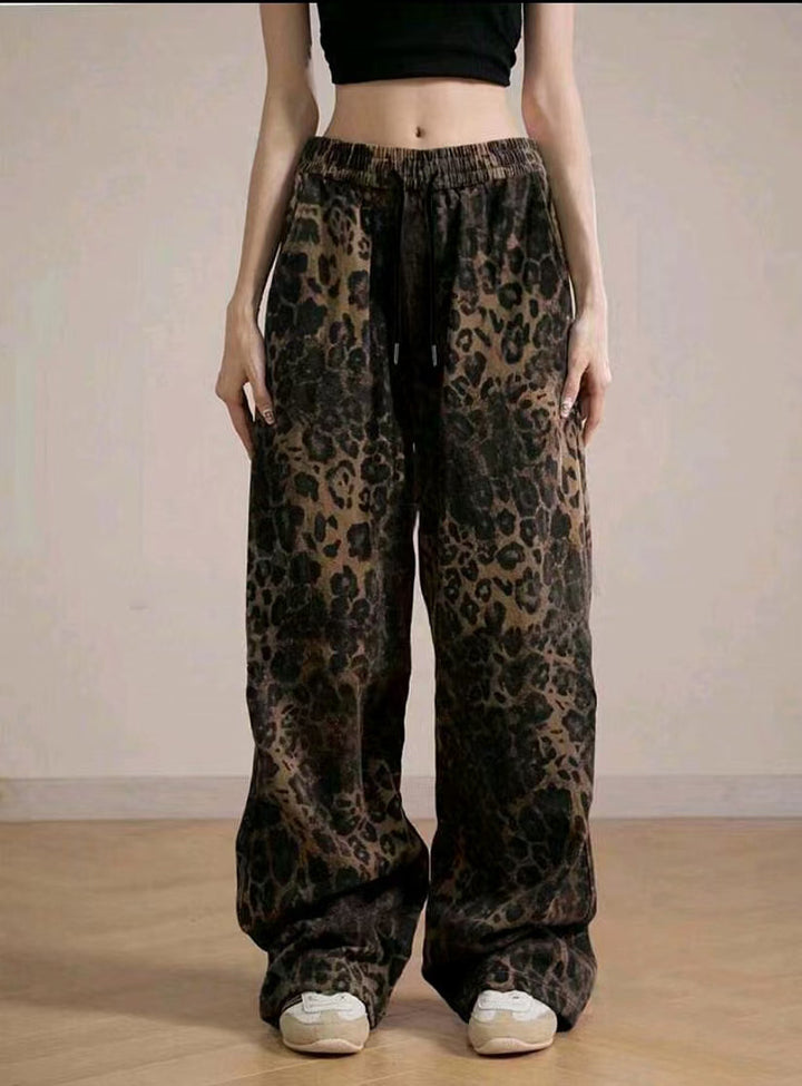 Damen Weit geschnittene Leinenhose mit Leopardenmuster Echo Archiv