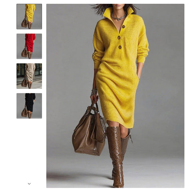 Damen nan gestricktes Pulloverkleid mit Polokragen, Eingrifftaschen und lässiger Passform Echo Archiv