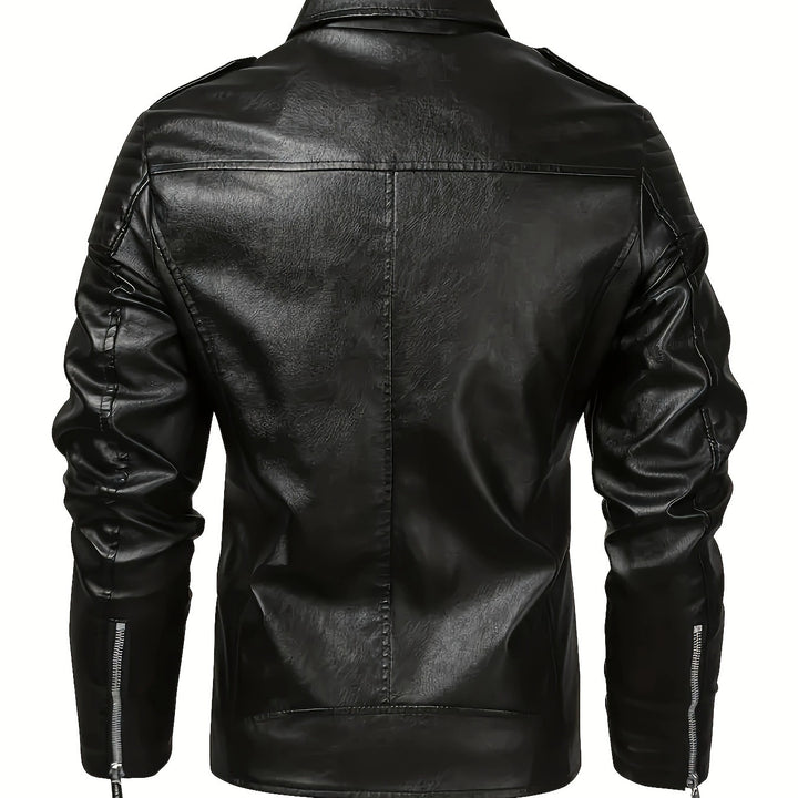 Herren Asymmetrische Bikerjacke aus Kunstleder mit gesteppten Schulterpaddings und Utility‑Taschen Echo Archiv