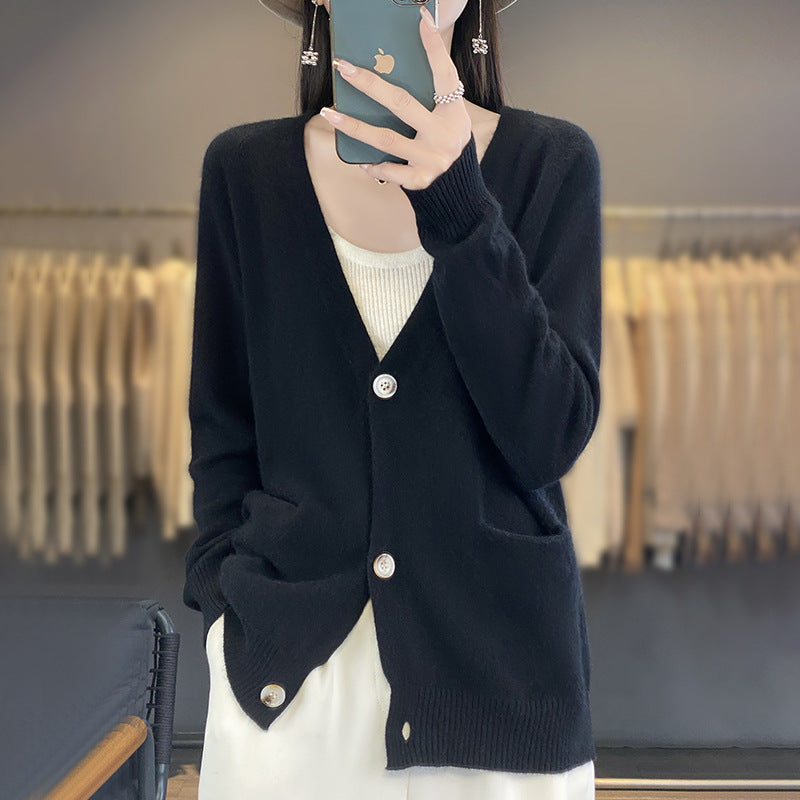 Damen Lässiger Feinstrick-Cardigan mit V‑Ausschnitt, Eingrifftaschen und breitem Rippbund Echoarchiv