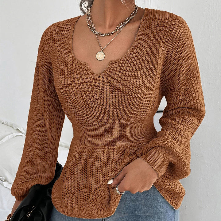 Damen Taillierter Feinstrickpullover mit eingekerbtem V-Ausschnitt, taillenbetonter Rippzone und Ballonärmeln Echo Archiv