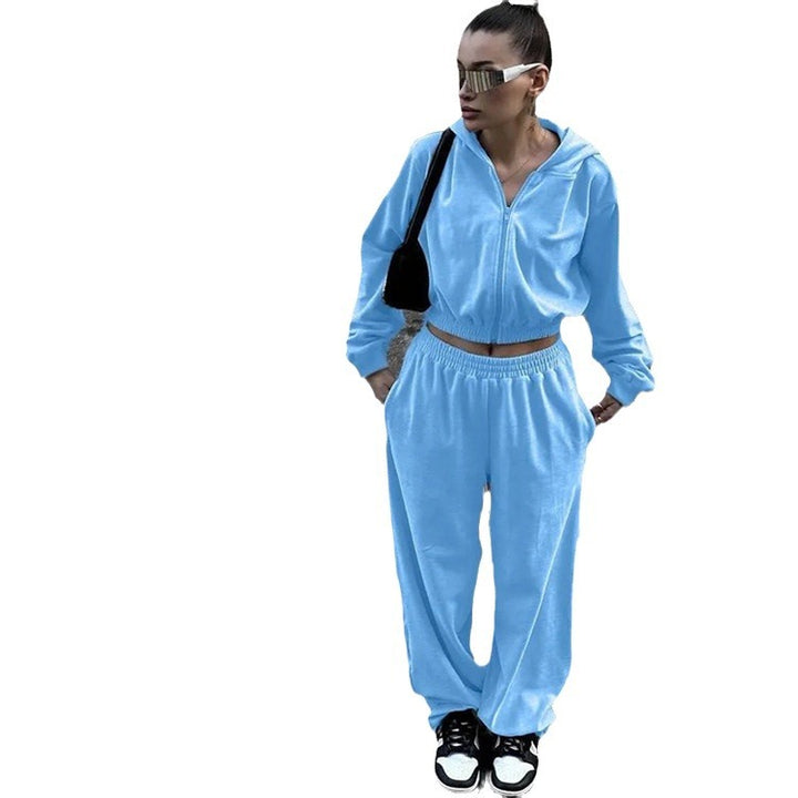 Damen nan Samt-Trainingsanzug zweiteilig mit cropped Kapuzenjacke und hoher Taille Jogginghose Echo Archiv