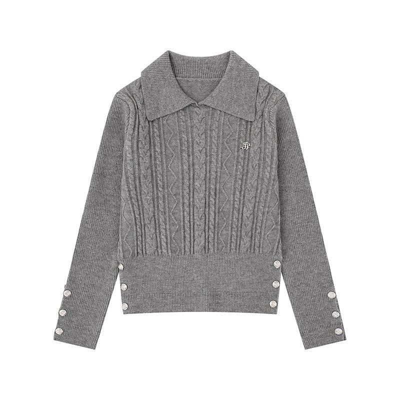 Damen Feinstrick-Polo-Pullover mit Zopfmuster, Zierknopfbesatz und taillierter Passform Echoarchiv