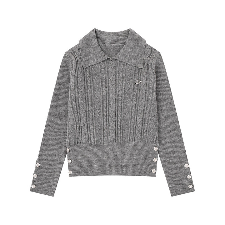 Damen Feinstrick-Polo-Pullover mit Zopfmuster, Zierknopfbesatz und taillierter Passform Echoarchiv