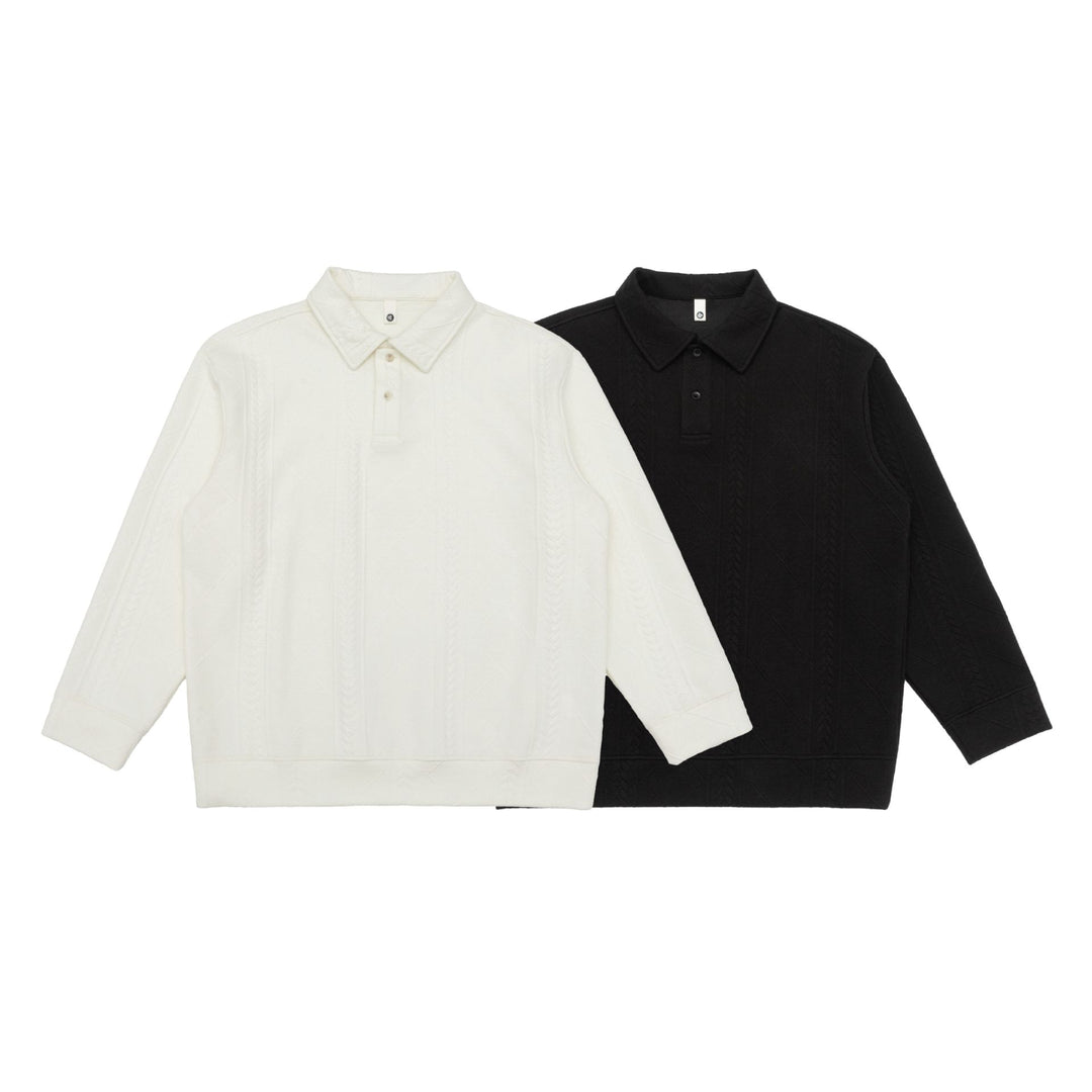 Unisex Strukturierter Polopullover mit Hemdkragen und Zopfmuster Echoarchiv